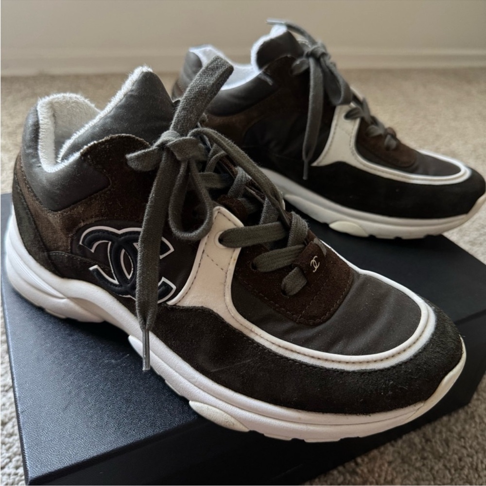 CHANEL Brown/Olive and White Casual Sneakers - Picture 2 of 8